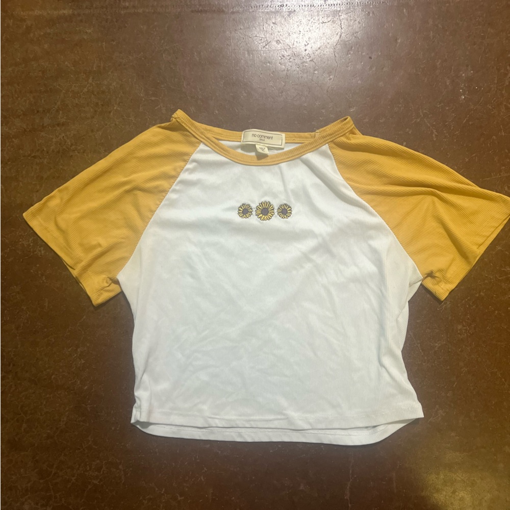 Yellow and White Raglan Tee with Floral Design